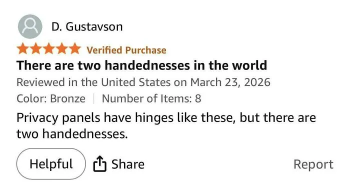 Humorous Amazon review about privacy panels and handedness
