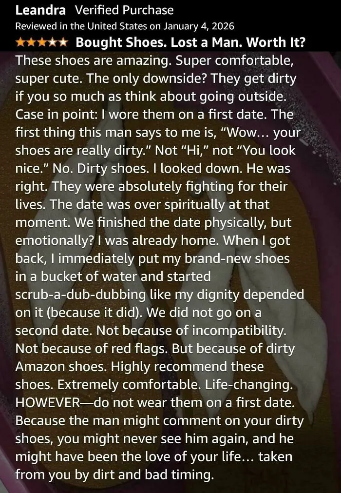 Humorous Amazon shoe review about dirty shoes ruining a first date