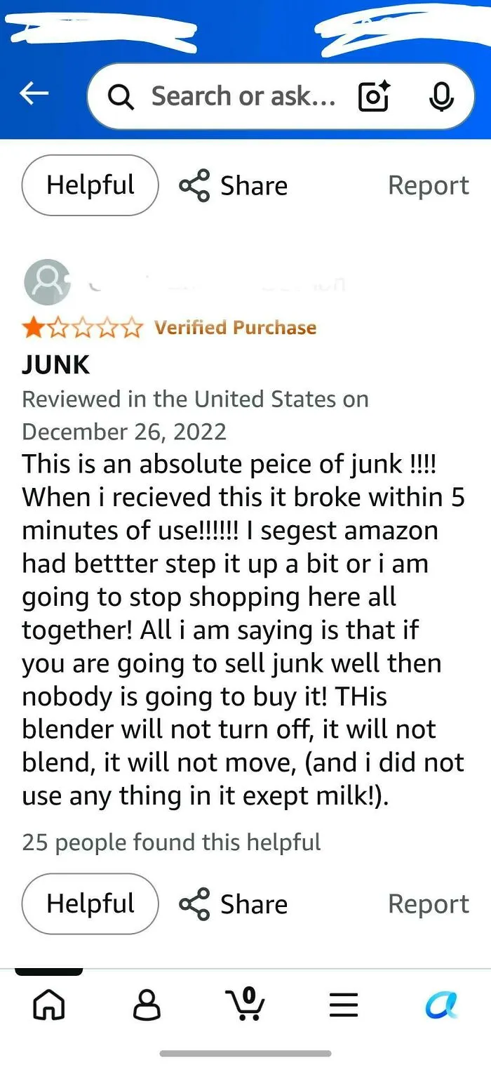 Negative Amazon review calling a blender junk that broke in minutes