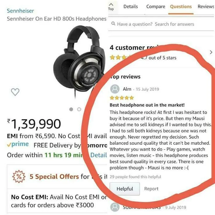 Amazon customer praising Sennheiser headphones for sound quality
