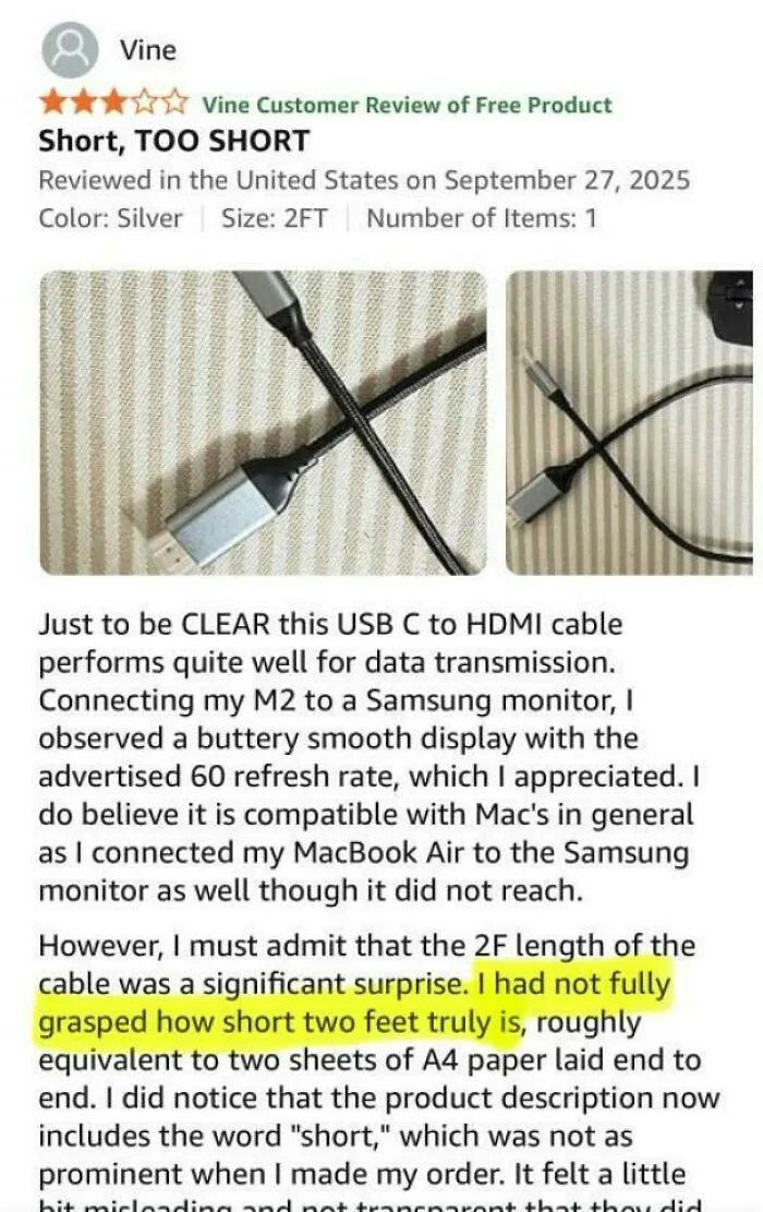 Funny Amazon review about USB C to HDMI cable being too short at 2 feet