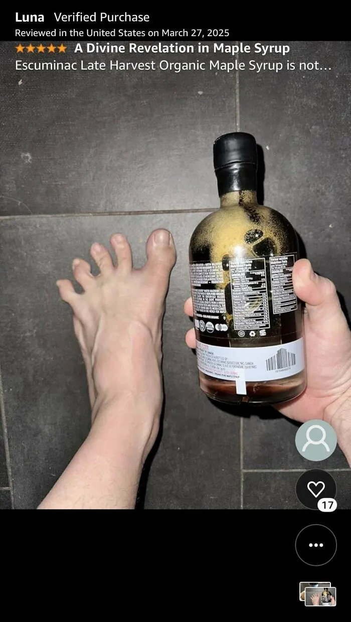 Amazon maple syrup review called a divine revelation showing bottle held by hand