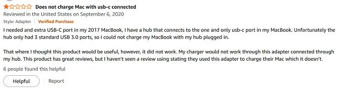 Amazon review complaining USB C hub doesn't charge MacBook properly