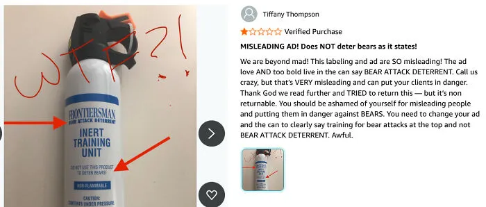 Amazon review criticizes misleading bear attack deterrent spray ad