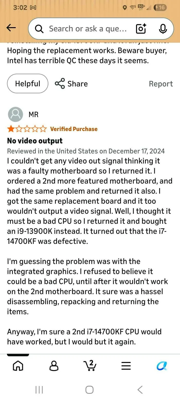 Amazon review about defective i7-14700KF CPU causing no video output issues