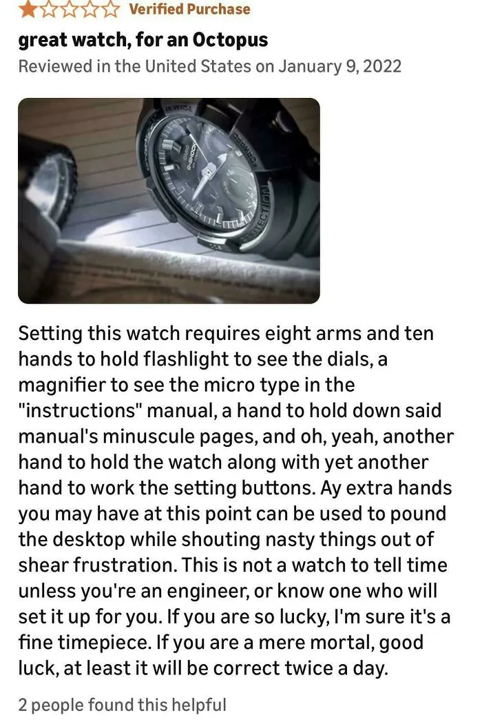 Hilarious Amazon watch review joking about needing many hands to set it