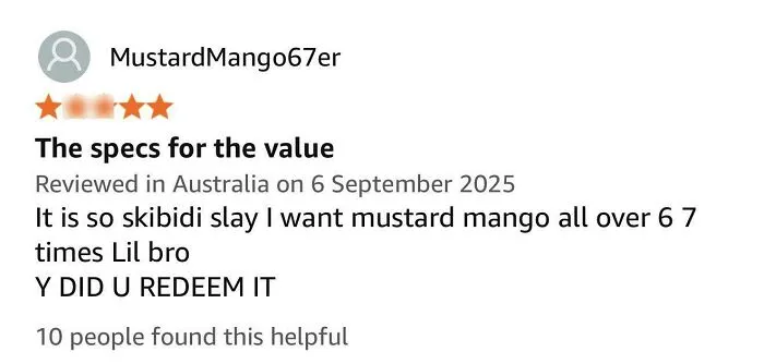 Humorous Amazon review praising specs for the value with quirky slang
