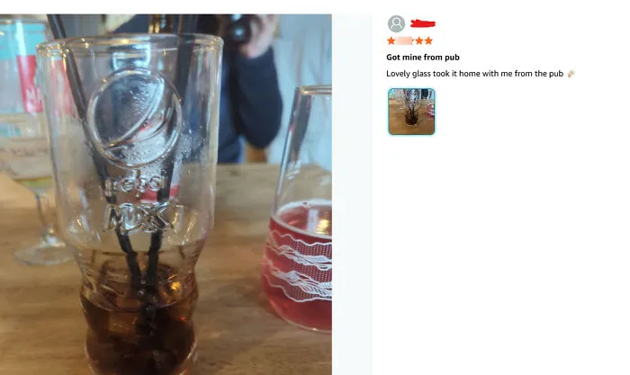 Amazon review with a photo of a glass taken from a pub