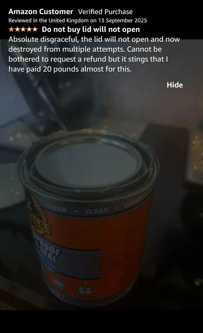 Humorous Amazon review complaining about a can lid that won't open