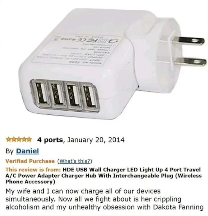 Funny Amazon review of a USB wall charger with 4 ports for charging multiple devices