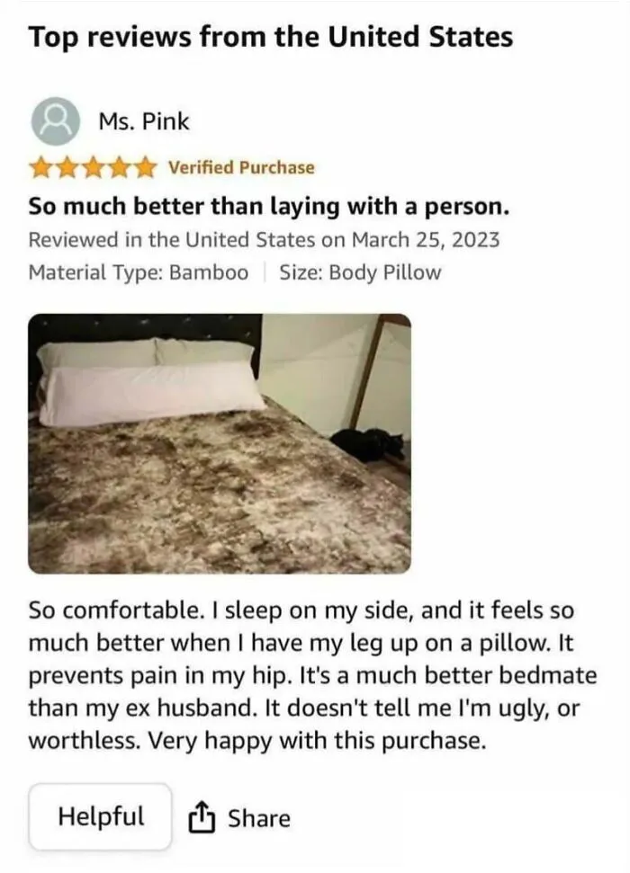 Top Amazon review praising comfort of bamboo body pillow over bedmate