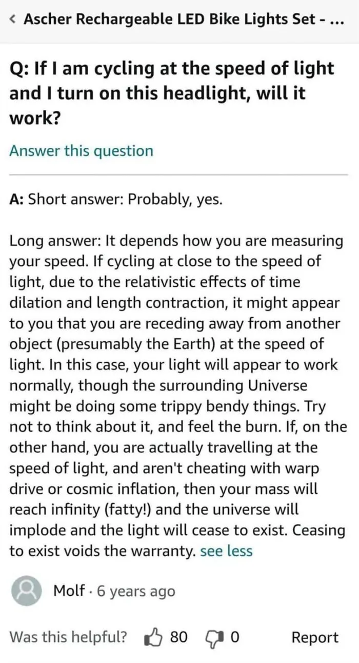 Humorous question and answer about cycling at speed of light bike lights