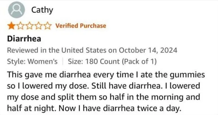 Funny Amazon review about gummies causing diarrhea despite dosage adjustments