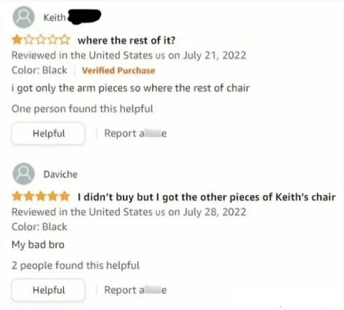Funny Amazon reviews about missing chair parts and matching responses