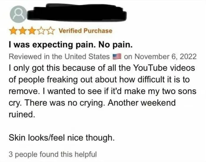 Amazon review about painless removal experience with skin product, mentioning YouTube videos