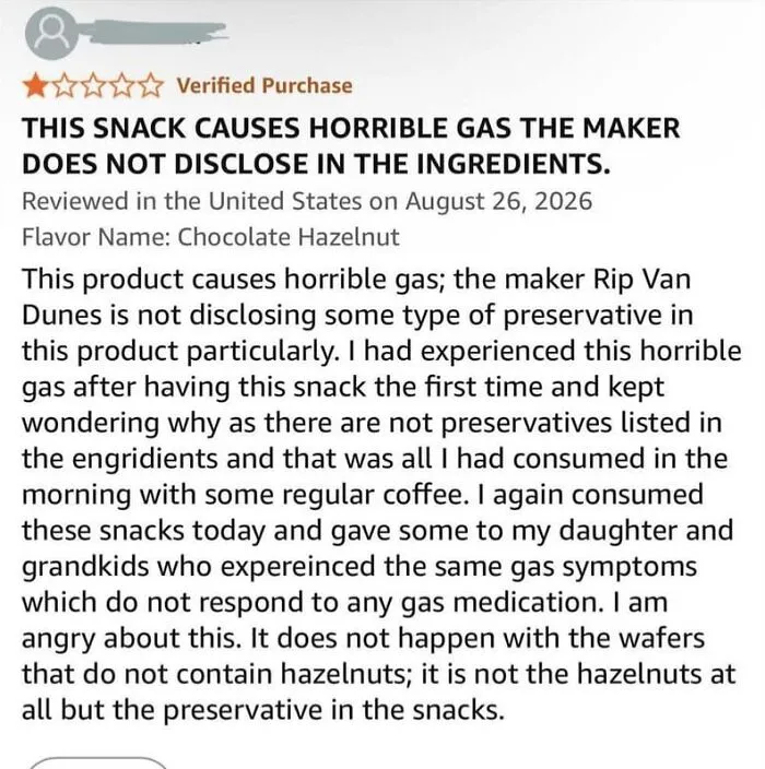 Critical Amazon review about snack causing horrible gas and undisclosed preservatives