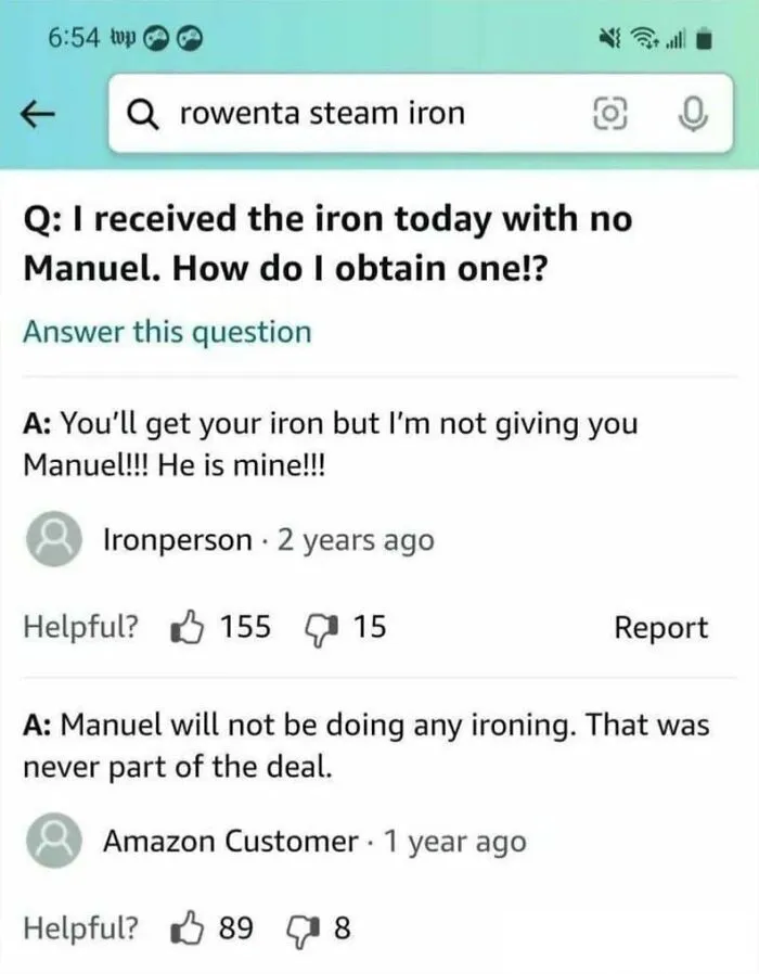 Comical Amazon Q&A about Rowenta steam iron and a character named Manuel