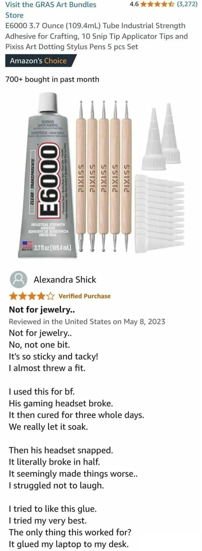 Amazon adhesive glue review describes it as sticky and not for jewelry