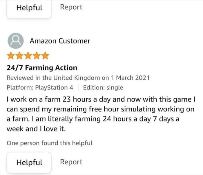 Funny Amazon review about farming game simulating 24 7 farming action