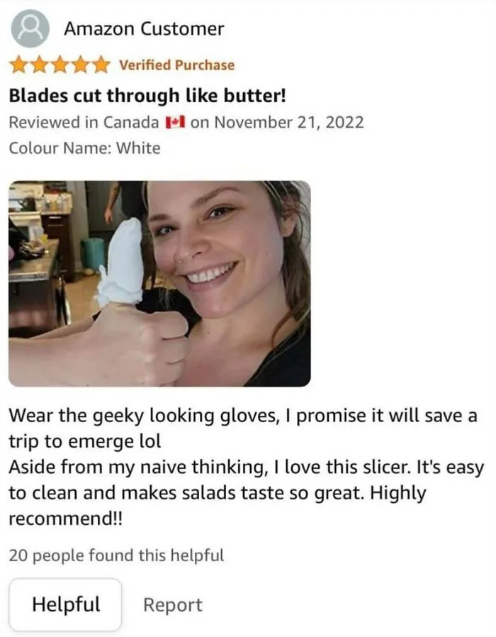 Positive Amazon review of slicer with sharp blades and easy cleaning