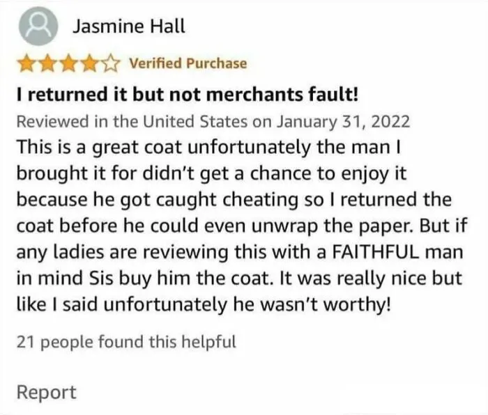 Funny Amazon coat review returned due to buyer's cheating, not product fault