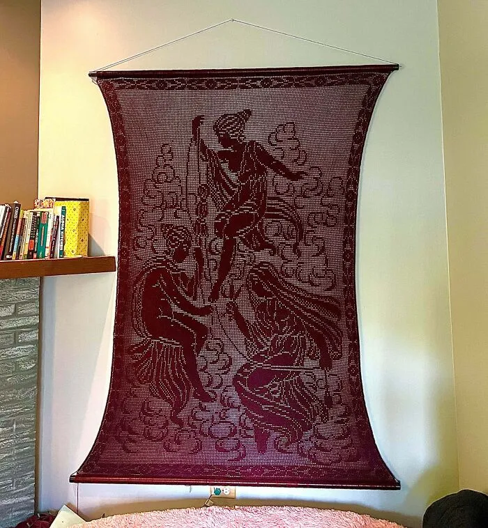 Large crochet tapestry wall hanging with artistic figures