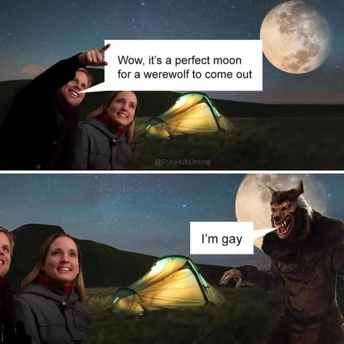 Werewolf under full moon camping meme with unexpected punchline