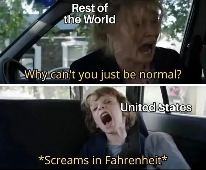 Meme on temperature units with United States screaming in Fahrenheit