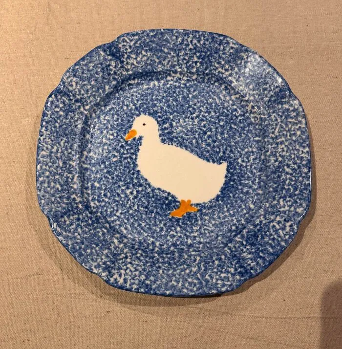 Blue speckled plate with duck design thrift store kitchen find