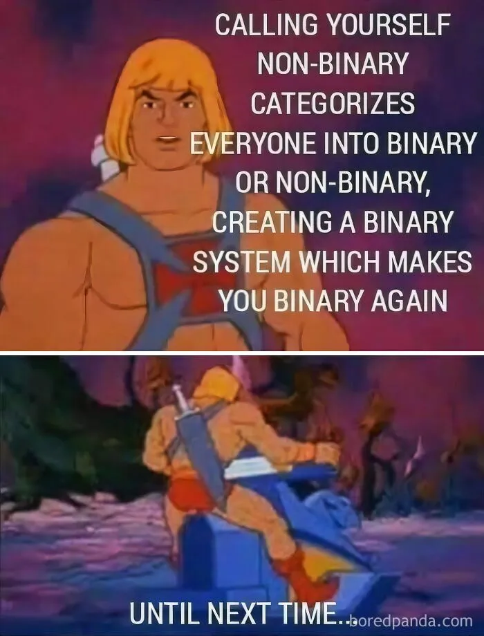 Technically correct meme about non-binary categorization creating a binary system again