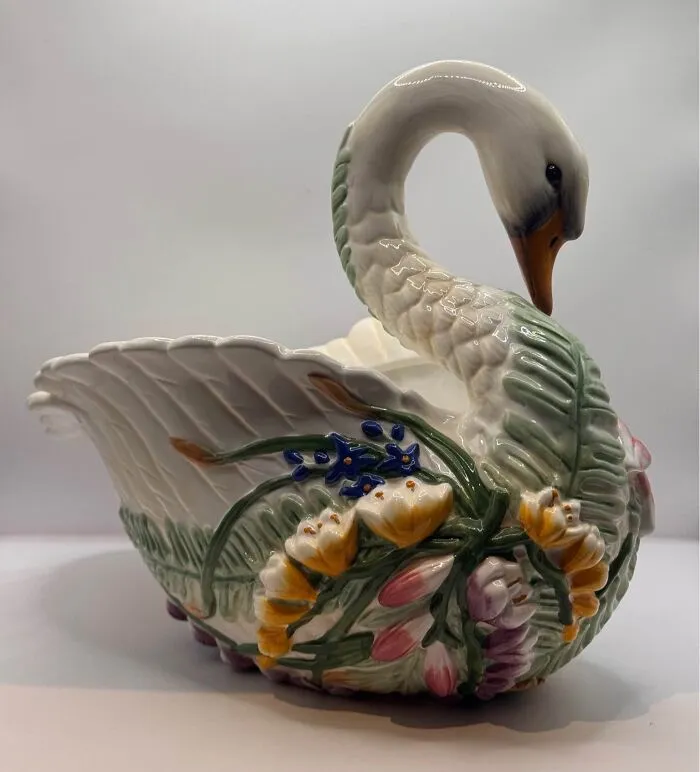 Ceramic swan planter with floral decorations thrift store find