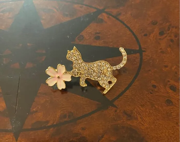 Rhinestone cat brooch with flower vintage thrift store jewelry