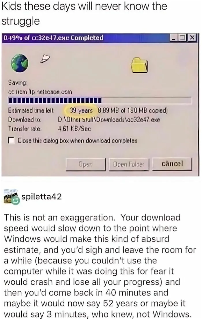 90s nostalgic memes screenshot of slow file download progress with humorous exaggerated time