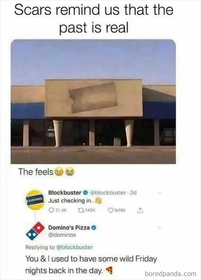 90s nostalgic Blockbuster building with taped sign and Domino's Pizza tweet