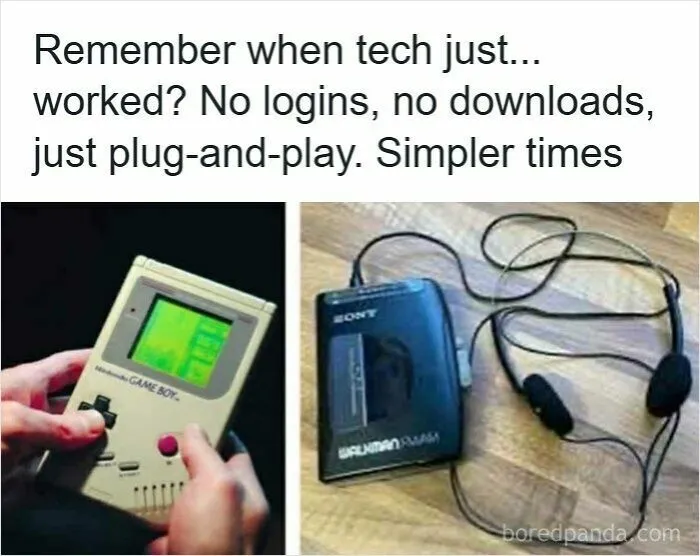 90s nostalgic memes vintage tech devices including Game Boy, Walkman, and VHS player