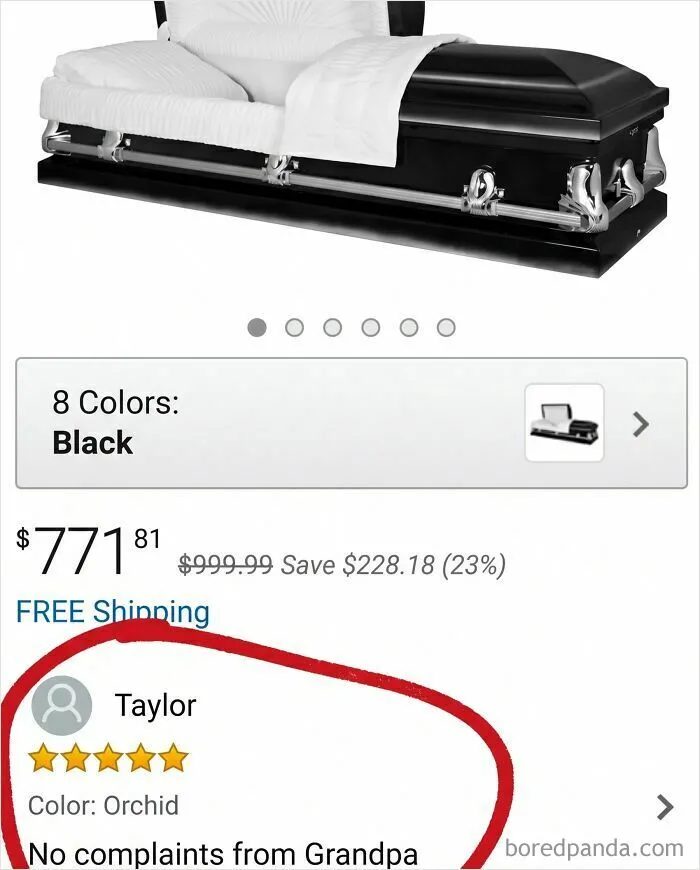 Black coffin listing with customer review highlighting no complaints from grandpa