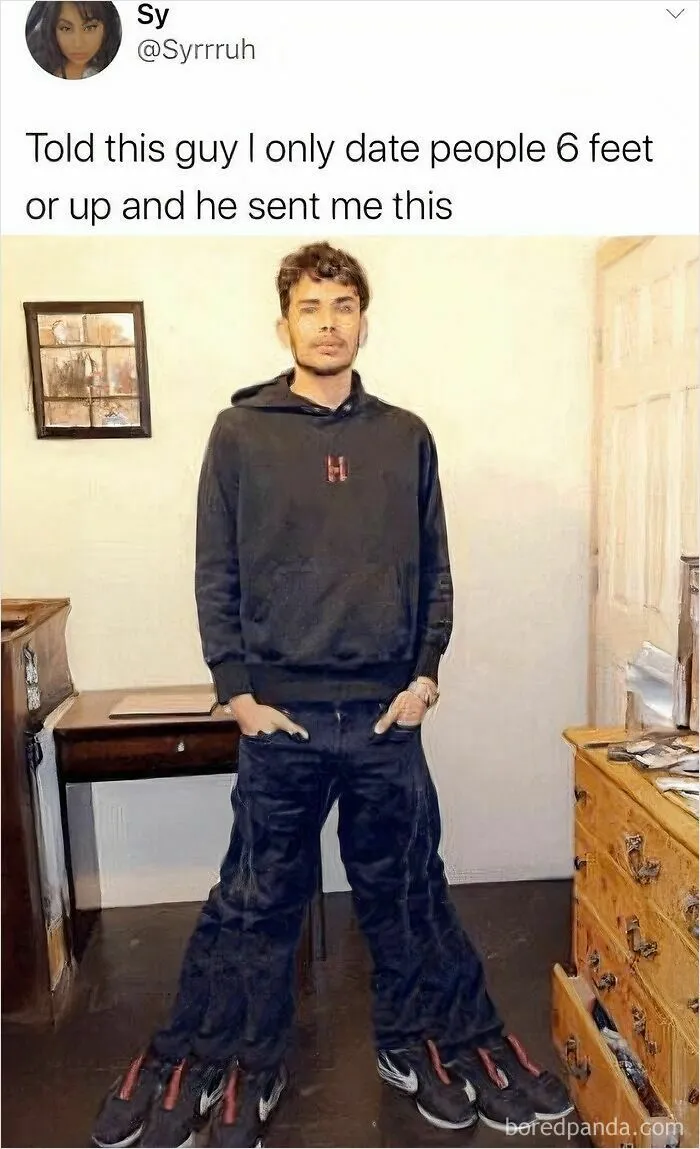 Man wearing multiple pairs of shoes as a joke about dating people 6 feet or taller meme