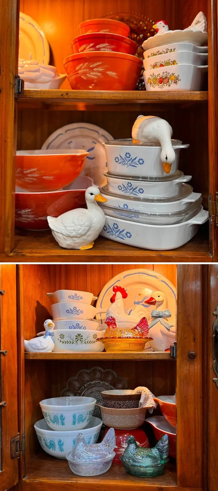 Vintage ceramic and glass dishes in cabinet thrift store finds