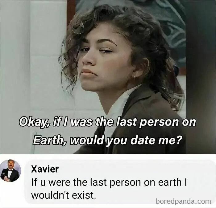 Meme with woman asking if she'd be dated if last person on Earth and a reply