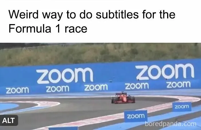 Formula 1 race meme with Zoom logos as subtitles on the race track
