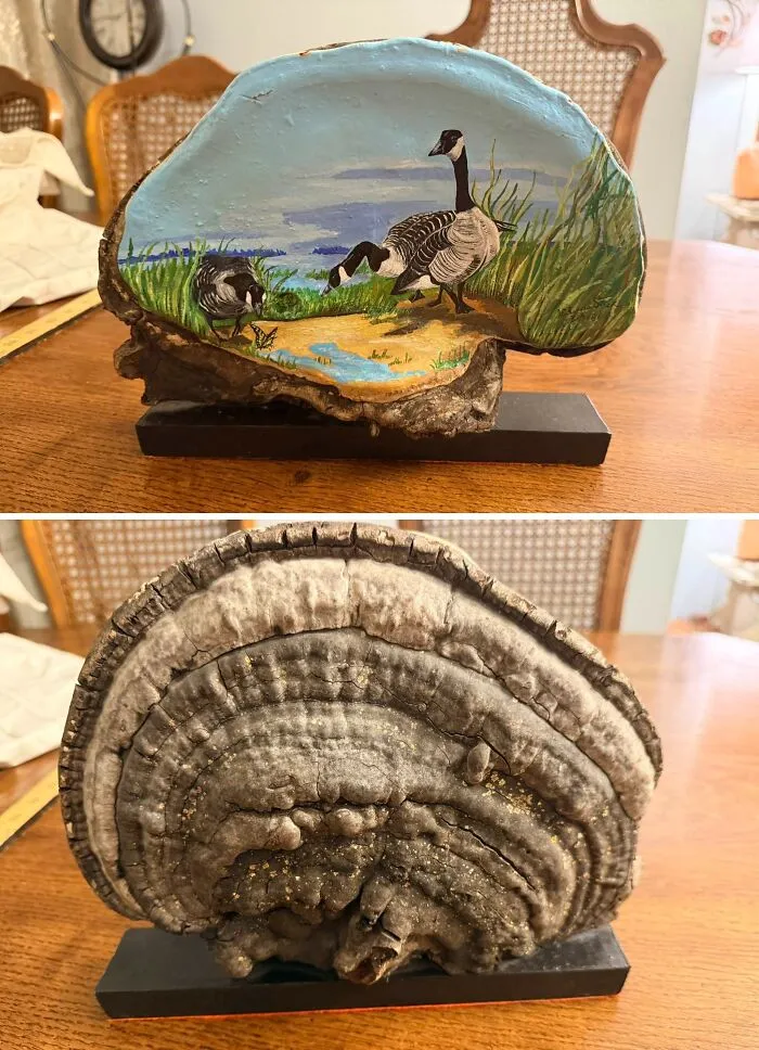 Hand-painted wood slice decor with geese scene thrift store find