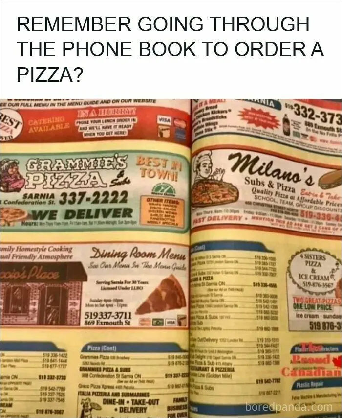 90s nostalgic meme about ordering pizza through phone book ads
