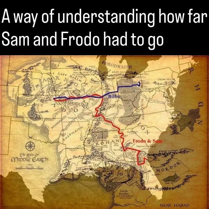 A map overlaying Middle-earth routes onto the United States, showing fascinating photos and facts about history.