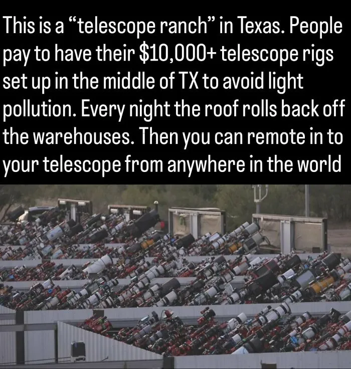 Rows of telescopes at a remote telescope ranch in Texas as part of fascinating photos and facts about history.