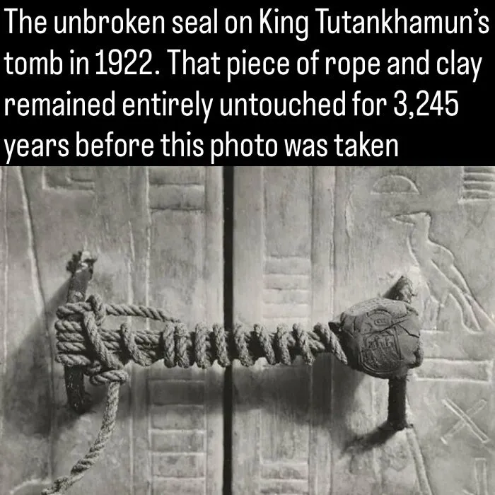 Close-up of the intact 3,200-year-old rope seal on King Tutankhamun's tomb door, a fascinating photo from history.