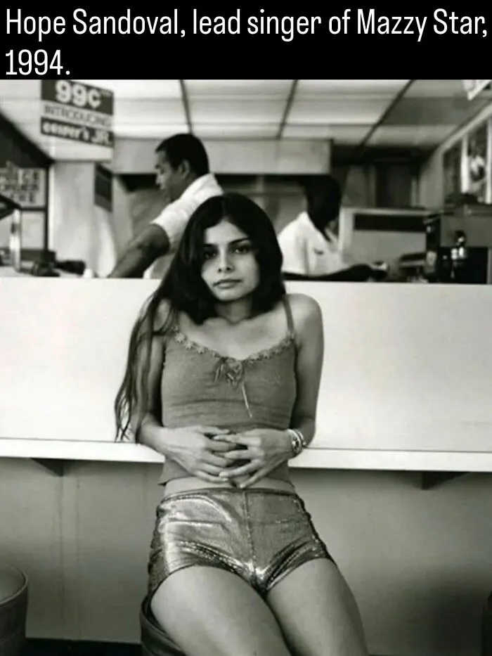 Black and white portrait of Hope Sandoval in 1994, featured in fascinating photos and facts about history.