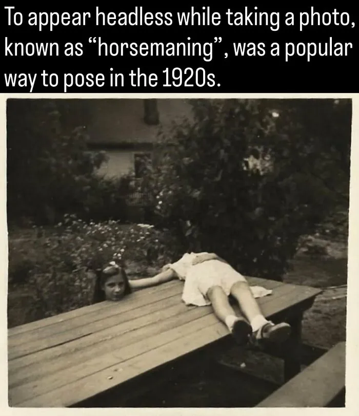 Vintage 1920s photo showing horsemaning pose trick as part of photos and facts about history.