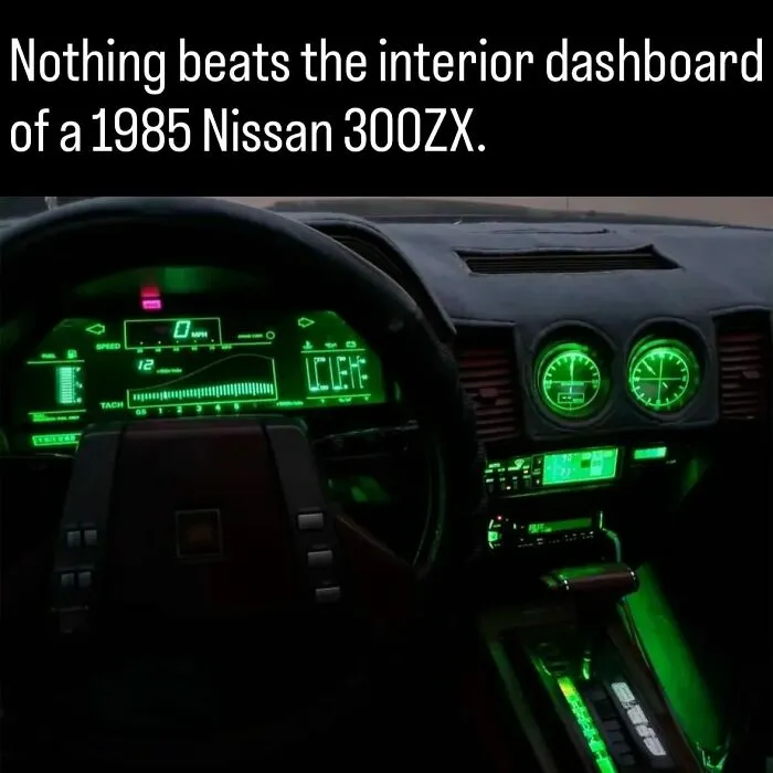 Futuristic digital green dashboard of a 1985 Nissan 300ZX in photos and facts about history.
