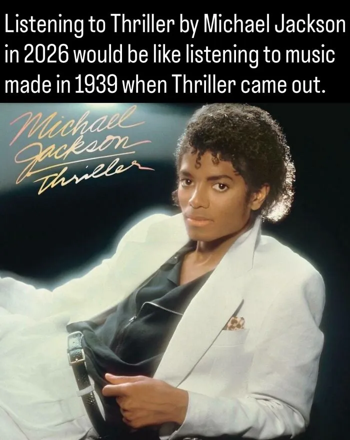 Album cover art for Michael Jackson's Thriller, highlighted among fascinating photos and facts about history.