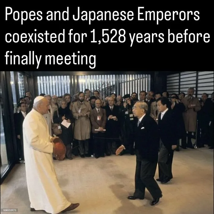 A photo of Pope John Paul II meeting the Japanese Emperor, illustrating fascinating photos and facts about history.